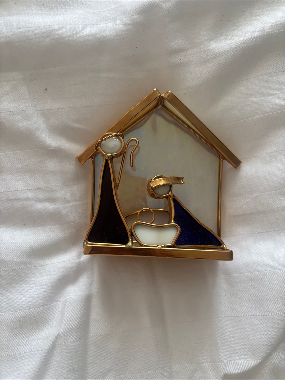 Handcrafted Gold-Tone Stained Glass Nativity Scene - Blue & White